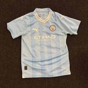 Manchester City FC Puma 2021 2022 De Bruyne 17 Jersey Light Blue Soccer Youth L